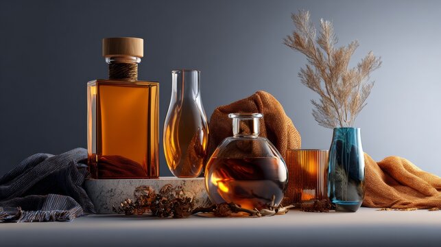 Herbal oil bottles and spices on wooden background for wellness product branding photography aromatherapy organic natural healing health
