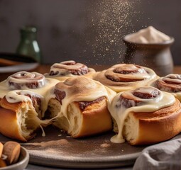 A close up of cinnamon rolls with icing on a plate and sugar being sprinkled on top of the rolls