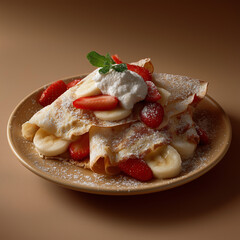 Rolled crepes with a sweet filling, garnished with powdered sugar and fresh blueberries. Elegant and delicious French pastry