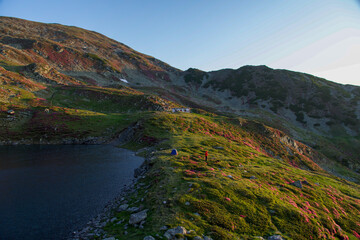 mountain landscape with lake, Iezer Lake, Iezer Mountains, Romania