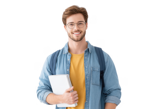 A young man with glasses smiles confidently while holding a laptop in front of a plain white background. suggesting a casual and modern atmosphere ideal for educational or professional themes