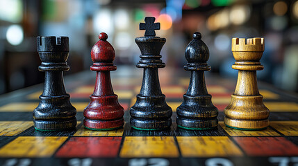 Five chess pieces standing ready on a checkerboard strategy game concept closeup chessboard with king bishops and rooks wooden chess pieces strategy board game