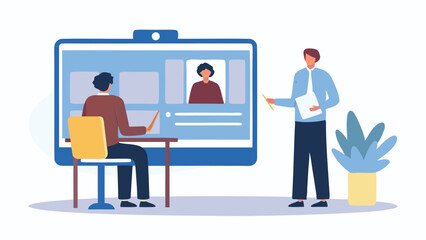 Obraz premium Illustration of a presentation with a man presenting to a person on a video call on a screen