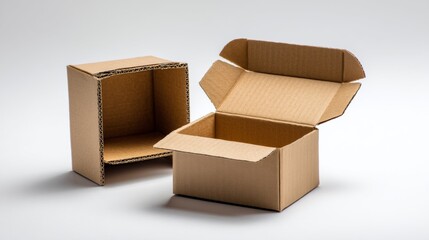 Open cardboard boxes stacked on white background for packaging product branding photography delivery storage logistics ecommerce shipping supplies