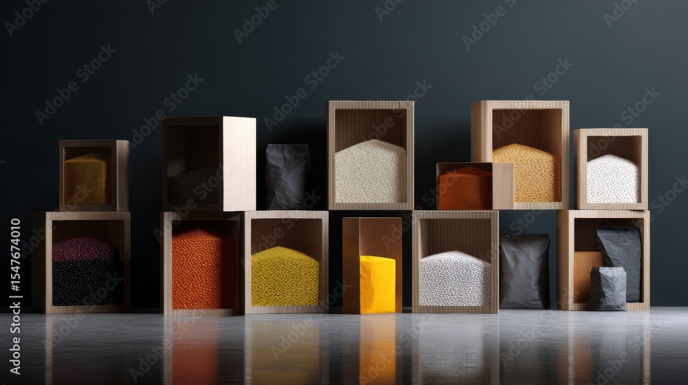 Poster variety of colored blocks arranged in abstract structure for architecture product branding photograp
