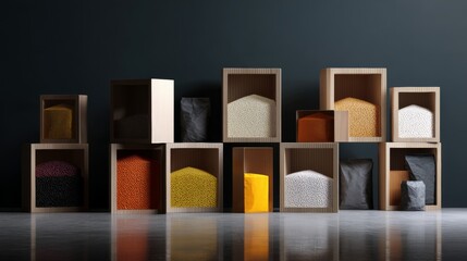 Variety of colored blocks arranged in abstract structure for architecture product branding photography design composition modern display