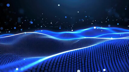 An abstract digital landscape of flowing blue waves made of glowing dots and lines, with bokeh particles floating above. - Powered by Adobe