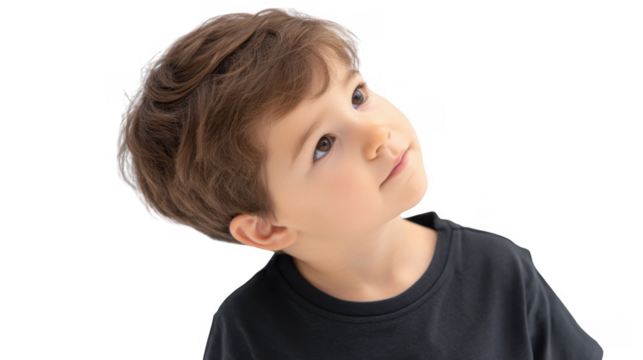 A young child with light brown hair and a curious expression gazes upward. set against a clean white background. capturing a moment of wonder and innocence. ideal for family or childhood themes