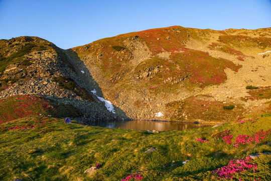 mountain landscape with blue sky, Sunrise at Iezer Lake, Iezer Papusa Mountains, Romania