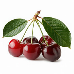 Fresh red cherries with green leaves on a white background