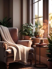 Cozy Reading Nook with Armchair, Warm Lighting, and Hot Beverage