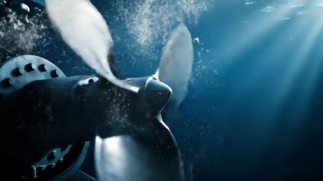 Spinning underwater ship propeller creates air bubbles in deep blue ocean, illustrating engineering power and energy flow