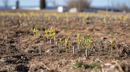 Green Seedlings Emerging from Soil on Agricultural Field in Spring