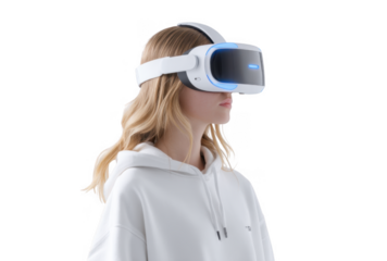 A young woman wearing a modern virtual reality headset. standing against a light blue background. immersed in a digital experience. showcasing the future of technology and gaming