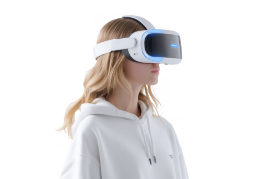 A young woman wearing a modern virtual reality headset. standing against a light blue background. immersed in a digital experience. showcasing the future of technology and gaming