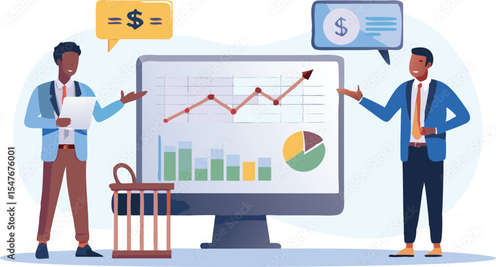 Poster two businessmen presenting financial data on a monitor with charts and graphs and dollar signs displ