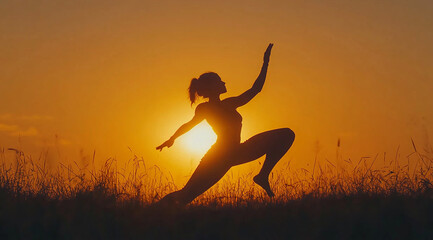 Woman Doing High Lunge Yoga Pose Variation at Sunset