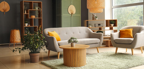 Interior of modern living room with grey sofa, armchair and wooden coffee table