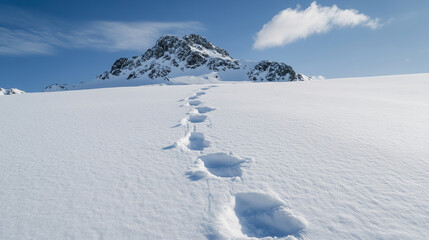 Fresh crampon footprints in snow leading to distant summit
