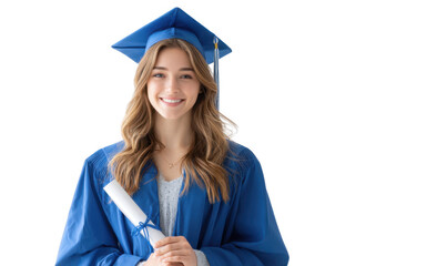 A young woman in a blue graduation gown and cap smiles proudly while holding her diploma. symbolizing achievement and celebration in a bright. minimalist setting