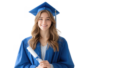 A young woman in a blue graduation gown and cap smiles proudly while holding her diploma. symbolizing achievement and celebration in a bright. minimalist setting