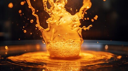 Explosion of orange liquid splash in glass with dark background for drink product branding photography energy power motion