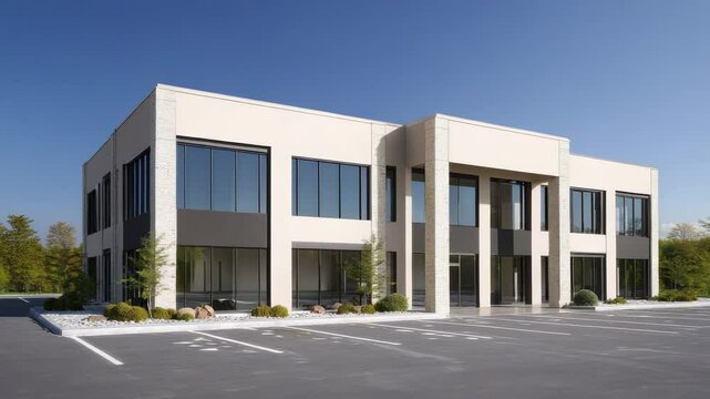 Modern office building exterior showcasing sleek design and spacious parking lot in a serene environment