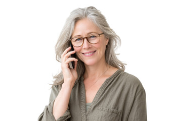 A smiling older woman with gray hair. wearing glasses. engaged in a phone conversation against a plain white background. radiating warmth and approachability. ideal for lifestyle or communication th