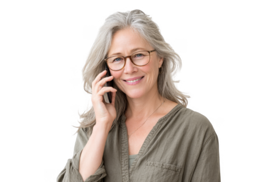 A smiling older woman with gray hair. wearing glasses. engaged in a phone conversation against a plain white background. radiating warmth and approachability. ideal for lifestyle or communication th - Powered by Adobe