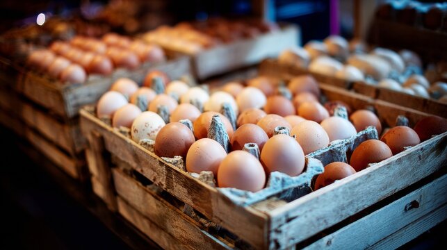 Wooden crates filled with brown eggs in rustic market for farm fresh product branding photography organic food