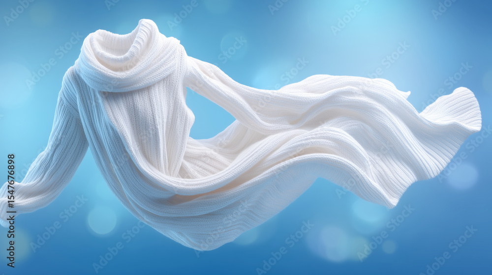 Poster a delicate white fabric drapes elegantly, creating a sense of movement against a soft blue backdrop.