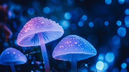 Glowing purple mushrooms in magical dark forest for fantasy product branding photography surreal digital dreamscape setting
