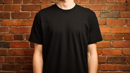 Studio shot showcasing a person wearing a plain black t-shirt against a brick wall