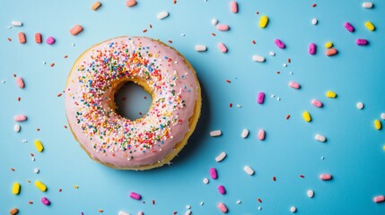 Colorful glazed donut on blue background with confetti sprinkles for sweet dessert product branding photography celebration