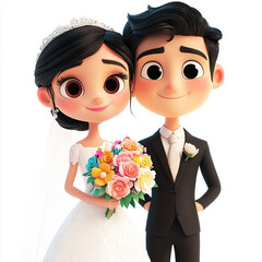 bride and groom on wedding day standing against white background made with generative AI