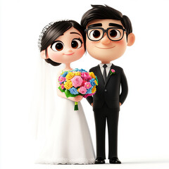 bride and groom on wedding day standing against white background made with generative AI