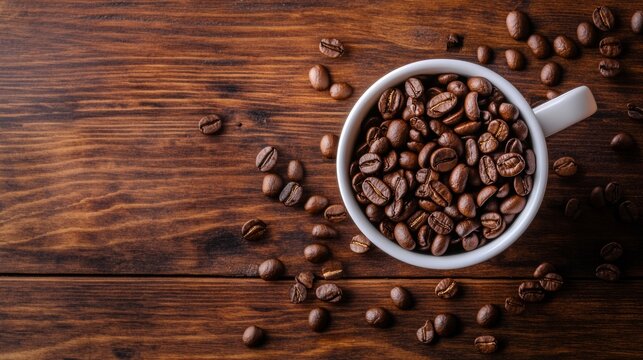 Cup filled with roasted coffee beans on wooden background for beverage product branding photography morning energy