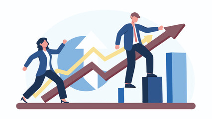 Business professionals climbing graph and bar charts depicting growth and success in a company setting