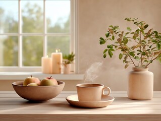 Warm cup of steaming coffee on a wooden table beside a bowl of fresh apples and a vase with greenery, creating a cozy and inviting atmosphere in a softly lit room