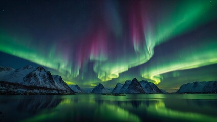 Naklejka premium Aurora Borealis: Northern Lights Over Snowy Landscape