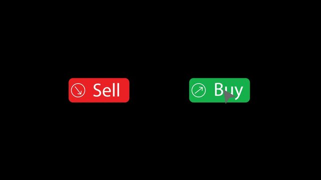 Animated cursor clicks on red "Sell" and green "Buy" buttons &mdash; ideal for trading, forex, crypto, and finance apps. Transparent background for easy use. 4k size 