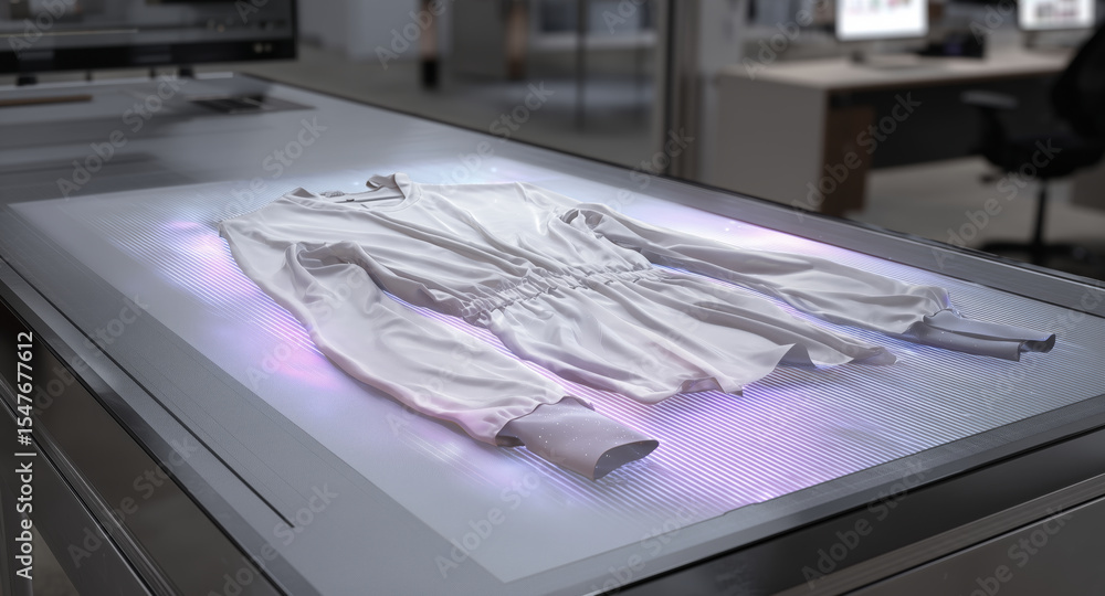 Aufkleber a white garment made of advanced nanofabric is showcased on a high-tech display table in a contempor