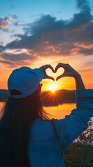 a girl is making heart with hands in the sky made with generating AI