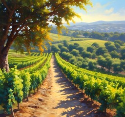 Obraz premium Illustration of path in wineyard field.
