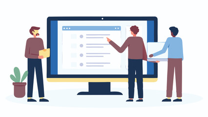 Obraz premium Three people discussing a project displayed on a large computer screen with a checklist shown on it