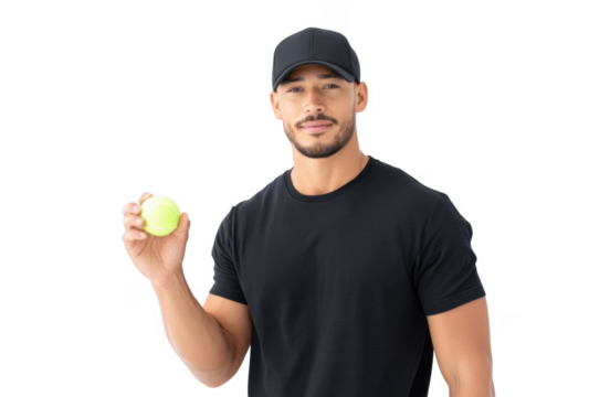 A young man in a black t-shirt and cap holds a bright yellow tennis ball. smiling confidently against a clean white background. suggesting an athletic theme suitable for sports and fitness promotion