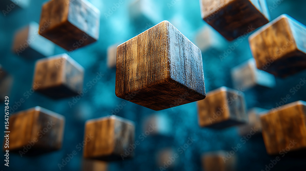 Fototapete floating wooden cubes against gradient blue background abstract geometric design elements with 3d re