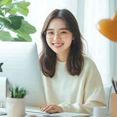 young woman working on laptop and smiling Made with generative AI