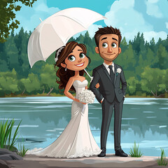 bride and groom on the beach taking photos  Made with generative AI