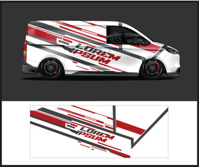 Sleek Van Wrap Design with Red and Gray Stripes and Modern Typography